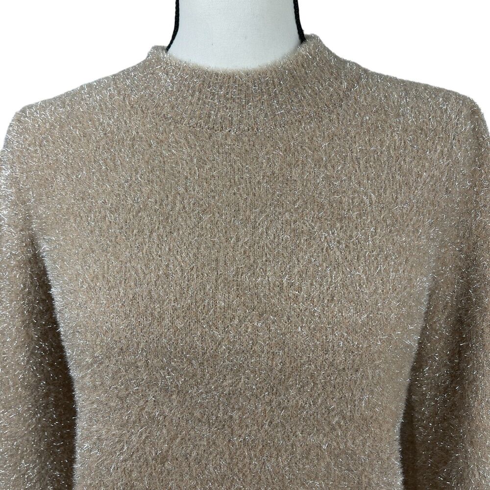 White House Black Market Metallic Tinsel Sweater Medium Champagne Long Sleeve - Picture 2 of 10